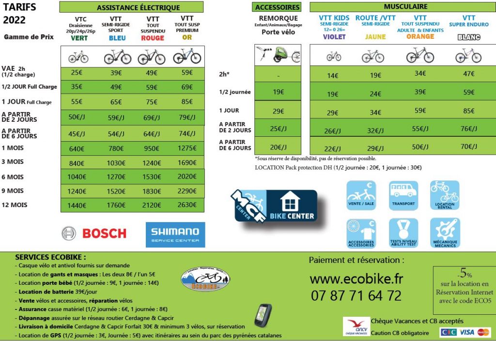 Tarifs location vélos VTT Ecobike 66 Font-Romeu Les Angles